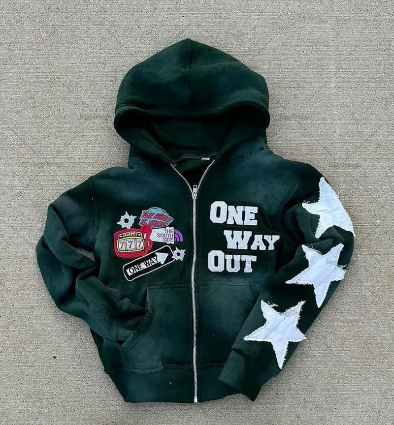 American Harajuku Retro Y2K Star Embroidered Oversized Zipper Hoodie Men Street Hiphop Fashion Versatile Casual Sweatshirt Women 241224