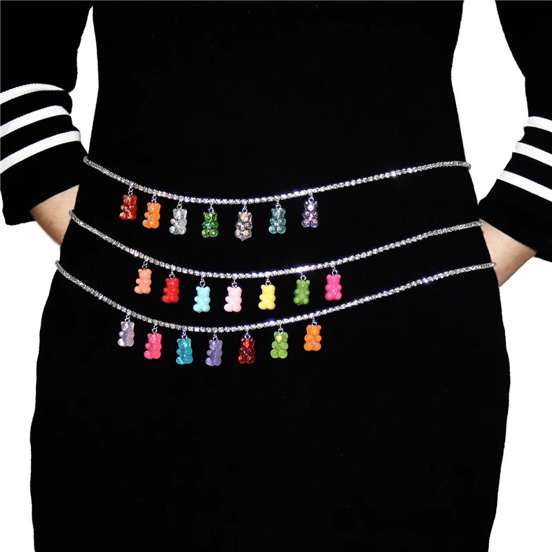Y2K Punk Hip Hop Gummy Bear Rhinestone Chain Women Girls Waist Pants Chain Jeans Long Crystal Keychain Jewelry Harajuku 241225