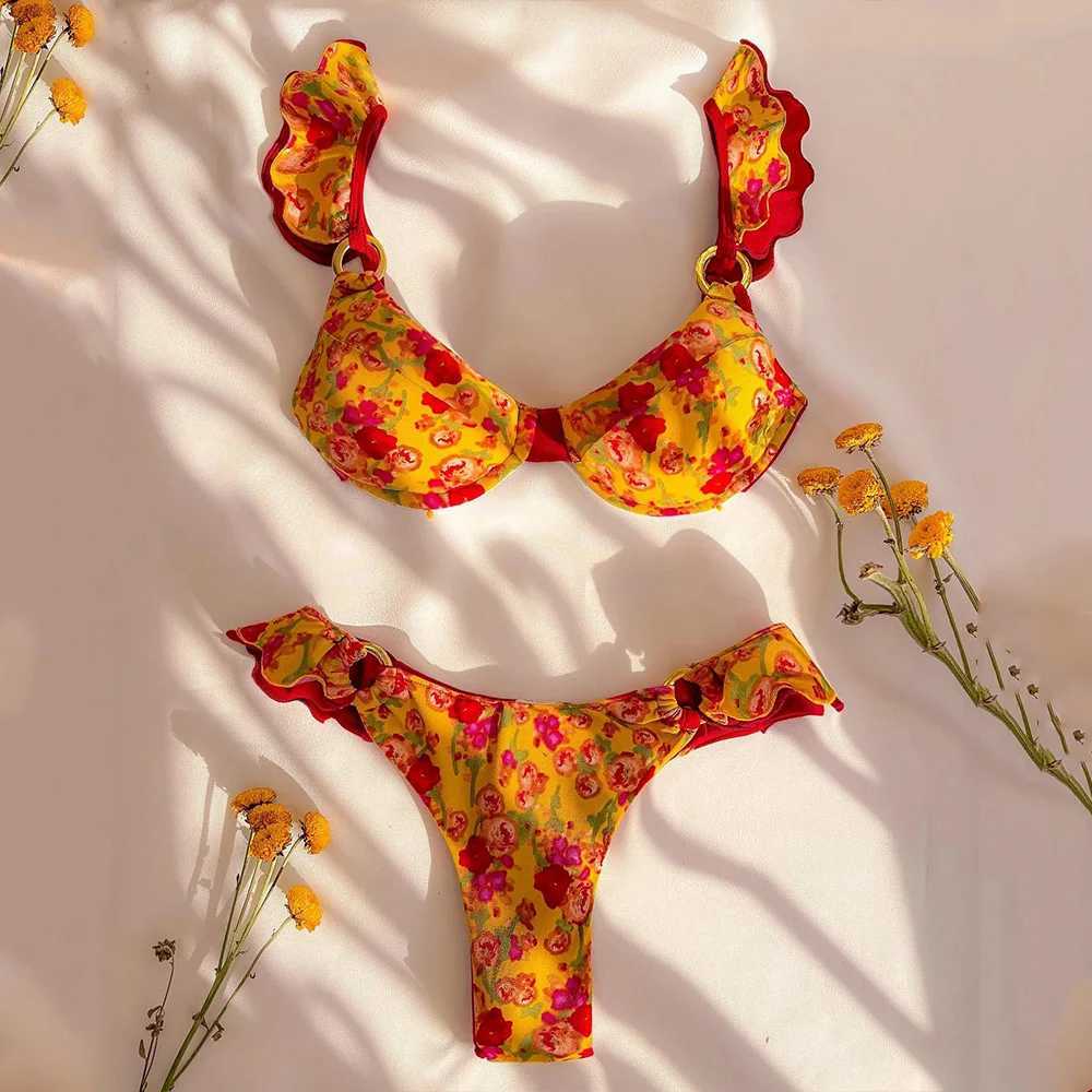 Summer swimsuit womens sexy bikini set ruffled edge pad bra thong two-piece swimsuit beach wear swimsuit womens sexy swimsuitW241225