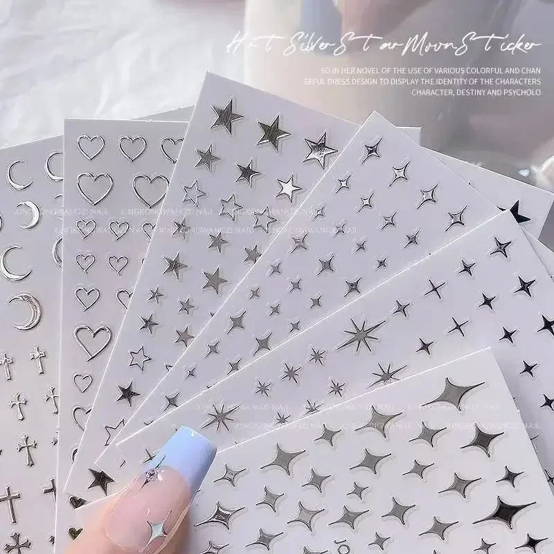 15pc Fashion Silver Star Nail Art Decals Star cross ns Self Adhesive Stickers Year Winter Gel Foils Sliders Decorations 241225