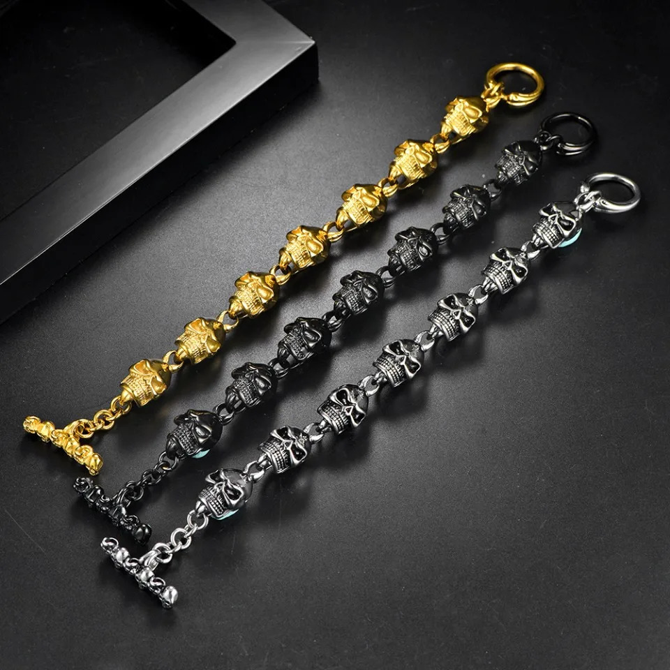 Gothic Vintage Stainless Steel Skull Bracelet Hip Hop Rock Silver/Black/Gold Color Skeleton Bracelets Male Biker Jewelry Gifts 241225