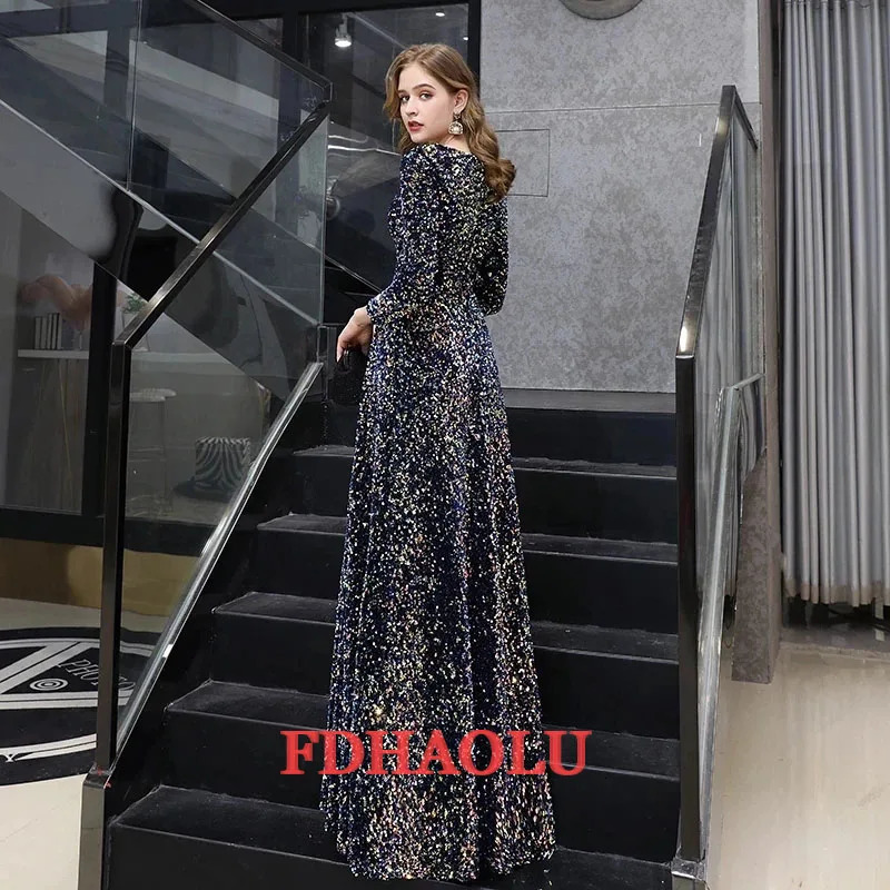 Customized Long Sleeves Prom Dresses Elegant O-Neck Floor-length Sequin Women Formal Gown Plus Size For Evening Party Dress 241223