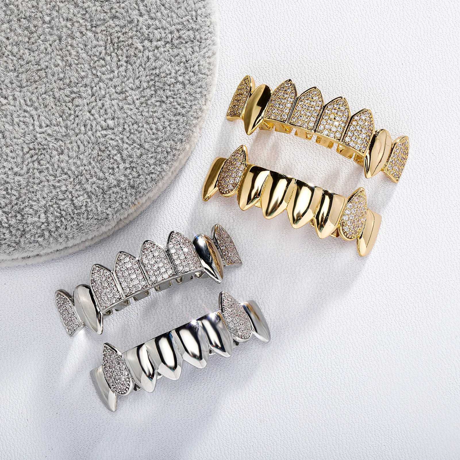 YOUNGX Hip Hop 8/8 Glossy CZ Stone Teeth Grillz Cubic Zircon Top Bottom Tooth Cs For Women Men Bo Jewelry FangsXJ241225
