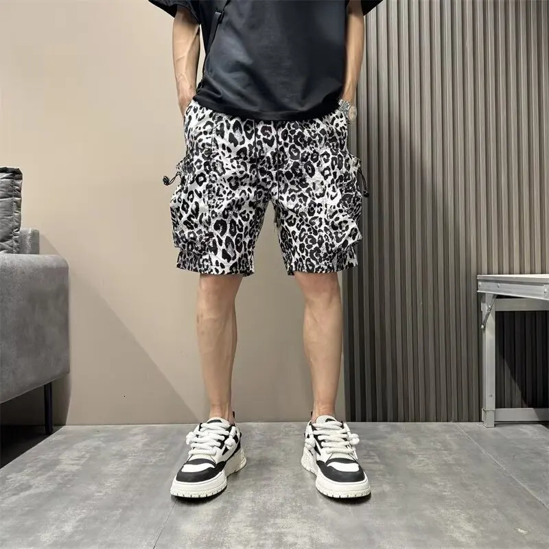 Mens Leopard Print Shorts Sports Short Pants Summer Patchwork Sweatpants High Street Shorts High Quality Quick Drying Shorts 241224