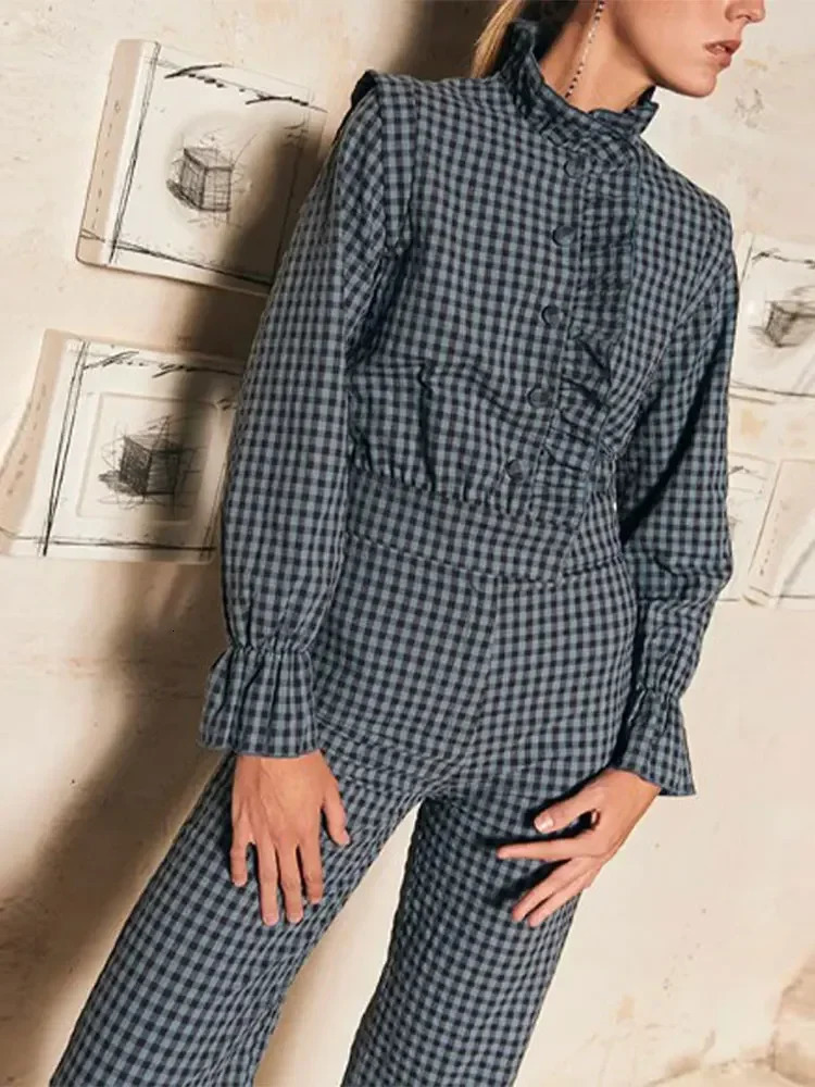 Women Vintage Plaid Ruffle Hem Button Jumpsuits Single Breasted Long Sleeve High Waist Jumpsuit Spring Lady Commuting Streetwear 241225