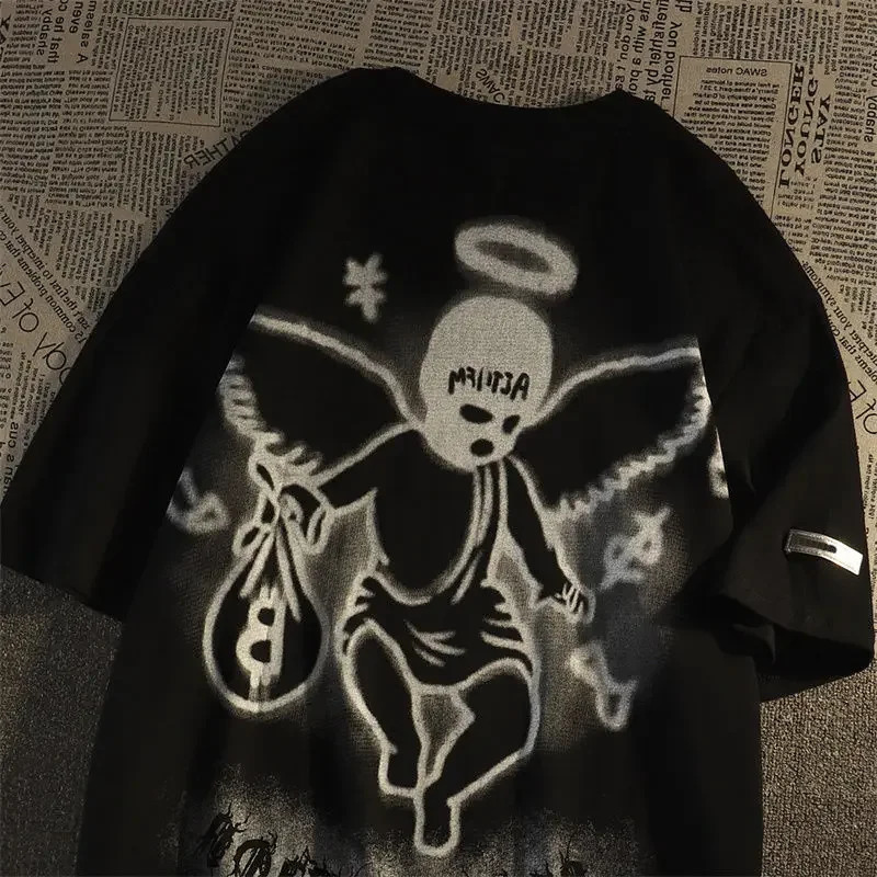 European and American retro dark angel short sleeved t shirt men and women ins trend loose street style hip hop couple dress 241224