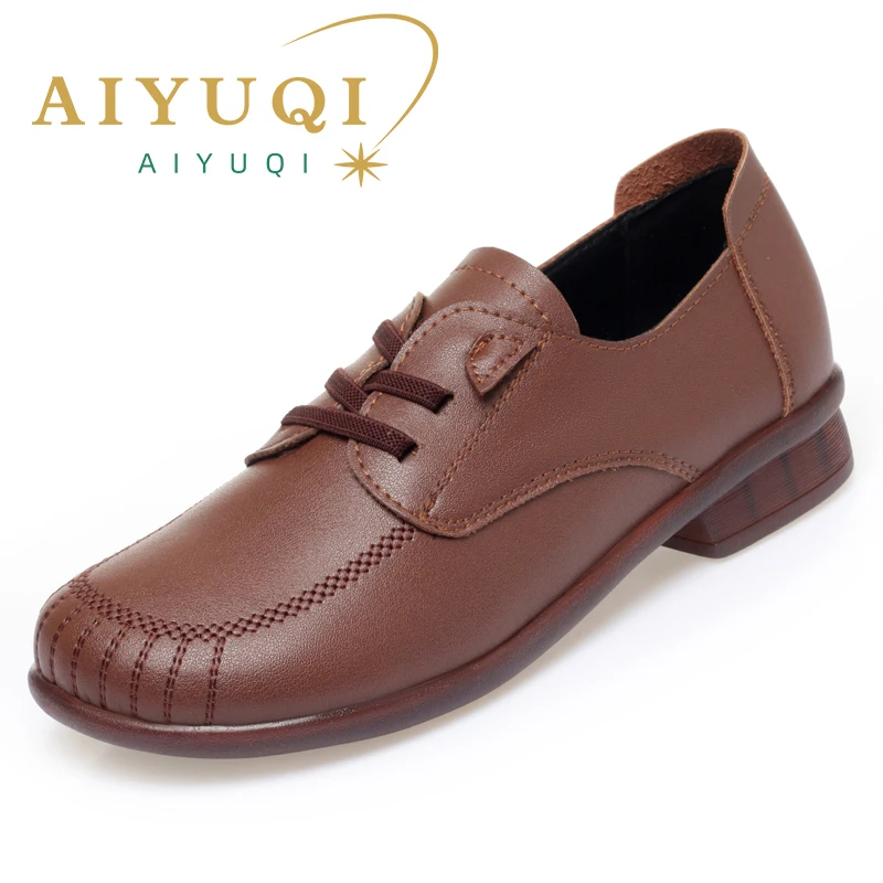 AIYUQI Women Casual Shoes Autumn Genuine Leather Thick Heel Female Shoes Retro Large Size Lace-up Non-slip Women Loafers