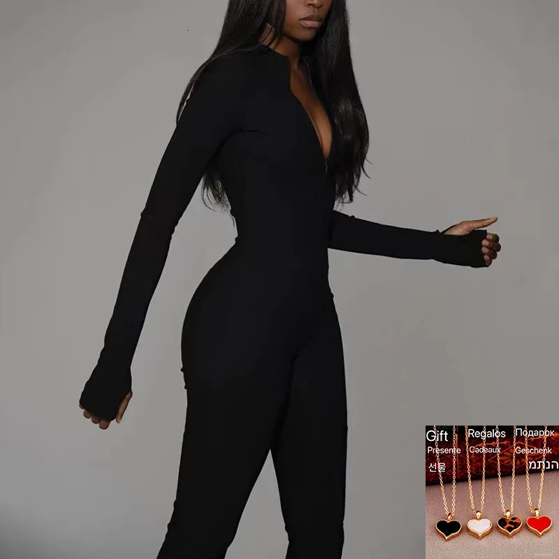 Solid Bodycon Jumpsuit Women Sporty Rompers Summer Fitness Long Sleeve Zipper Elastic One Piece Elegant Black Bodysuit 241225