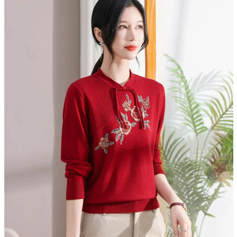 Women Clothing Y2k Chic Vintage Embroidery Pullovers Temperament Elegant Chinese Style Sweaters Autumn Loose Knit Tops 241225