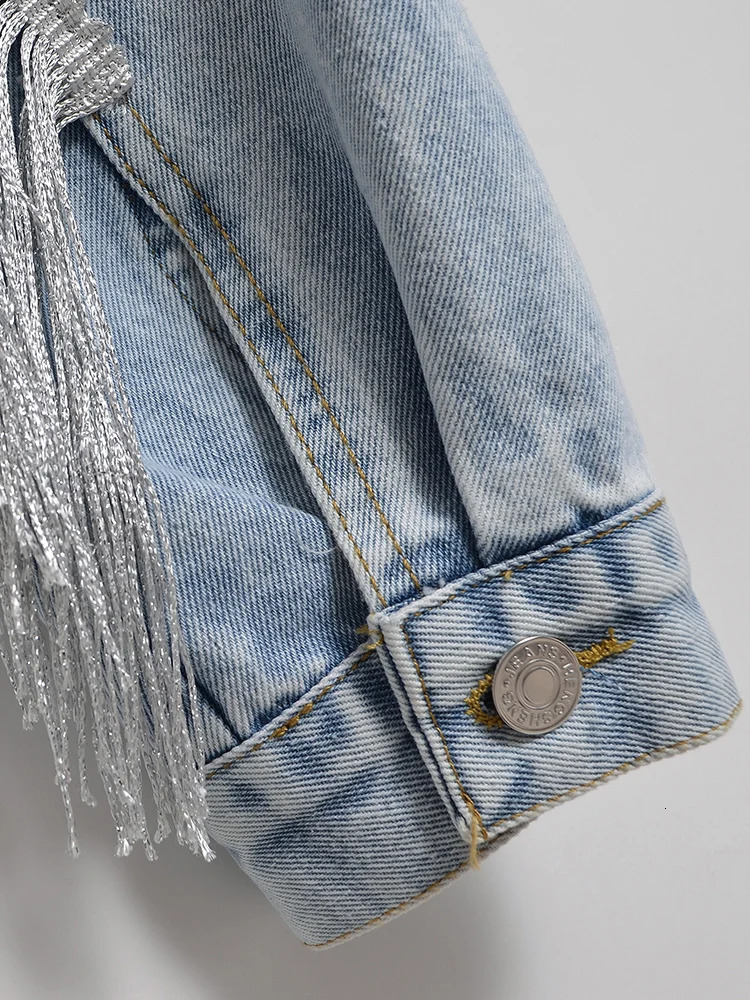 Fitaylor Autumn Winter Women Vintage Long-sleeve Loose Tassel Blue Short Denim Jacket Lady Single Breasted Pocket Jeans Coat 241223