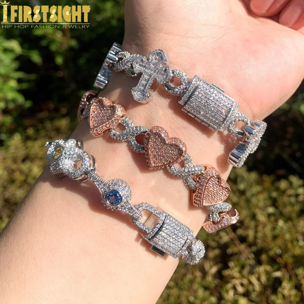 Iced Out Star Eye Bracelet Prong Setting 5A Cubic Zirconia Infinity Heart Cuban Link Chain Women Men Hip Hop Fashion Jewelry 241225