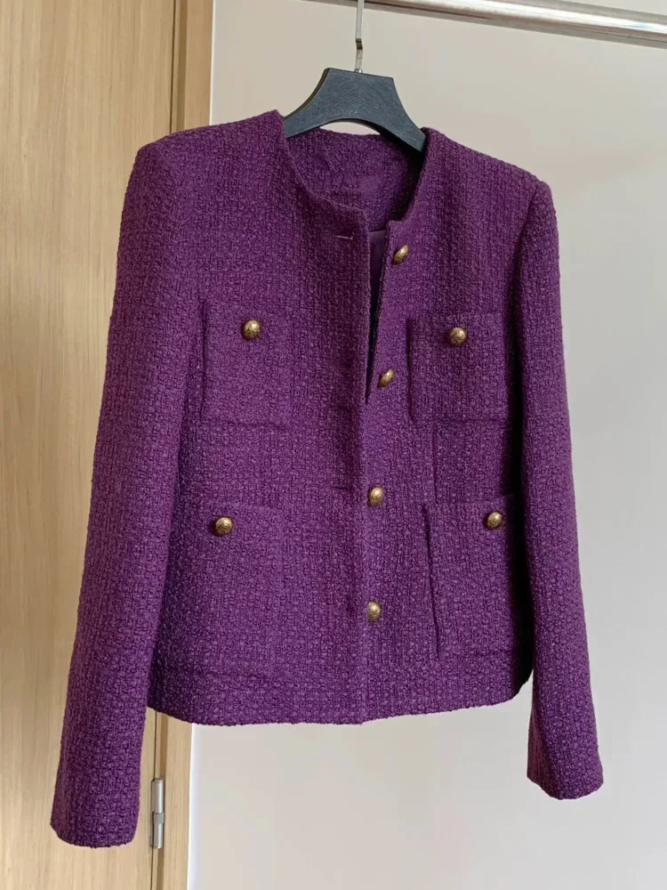 Vintage Tweed Purple Jacket Women Elegant Long Sleeve Single Breasted Woolen Coat Korean Fashion Outwear Fall Winter 241224