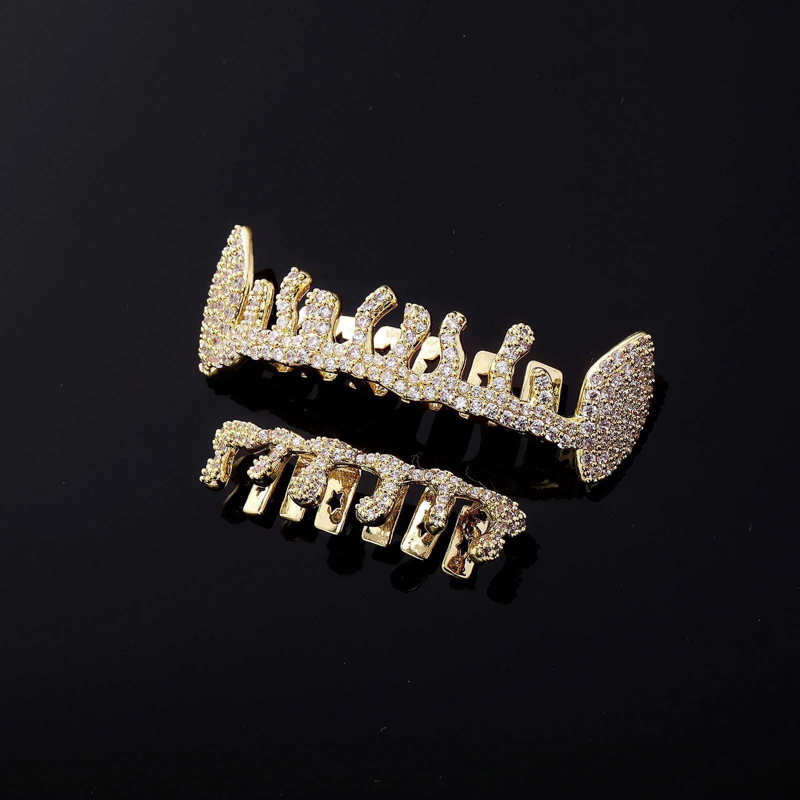 RACHELZ 2024 Hip Hop Water Drop Flame Zircon Teeth Grillz 14K Gold Plated CZ Stone Tooth Cs For Women Men JewelryXJ241225