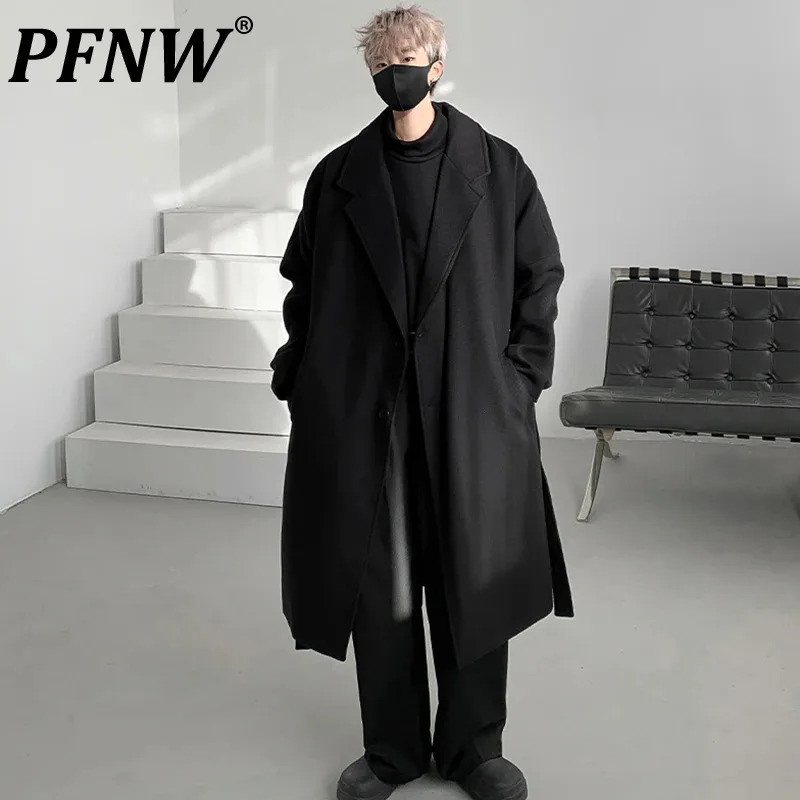 PFNW Autumn Mens Woolen Coat Casual Belt Thickened Single Breasted Solid Color Long Male Loose Trench Korean Style 12C968 241225