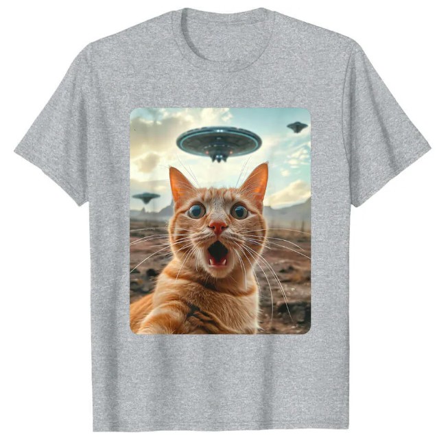 Designer Men's & Women's Cat and UFO Encounter T-Shirts - Casual Cotton Tees