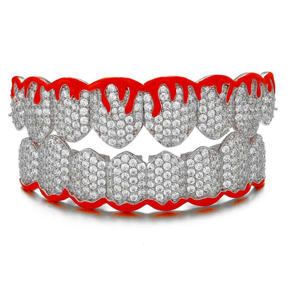 Red Drip Oil CZ Teeth Grillz Cs Cubic Zircon d Out Micro Pave Top Bottom Charm Grills For Men Women Jewelry Xmas GiftXJ241225