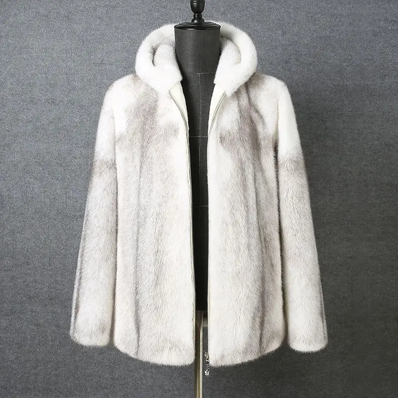 Mink coat mens trend whole mink real fur cross hooded onepiece 241225