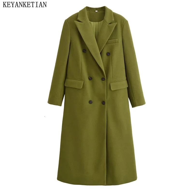 KEYANKETIAN 2024 Winter Womens Green Wool Coat Classic Fashion Double Breasted Flap Pockets Thick Long Outerwear Greatcoat 241225