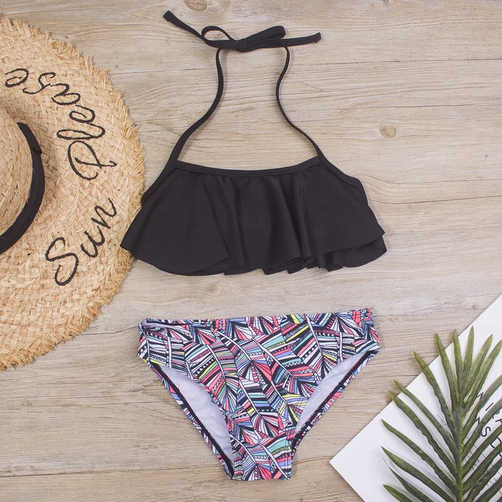 Print Summer Girls Kids Bikini Set 5-4 Years Ruffle Childrens Swimwear Childrens Bandage Swimwear Beach WearW241225