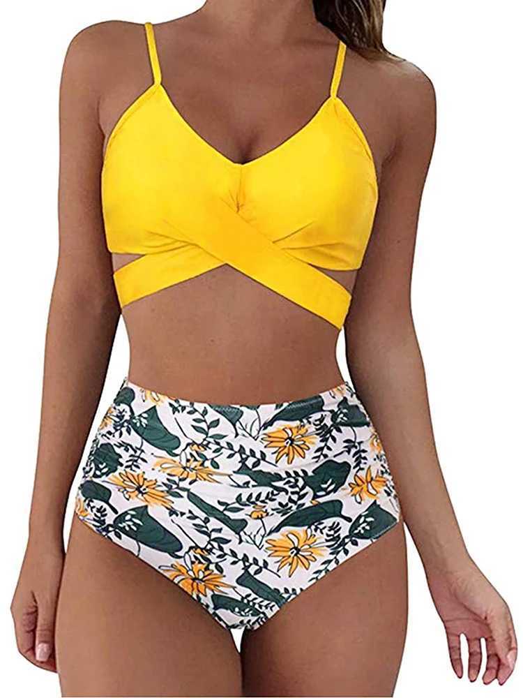 Womens high waisted push up swimsuit sexy leopard print cross bandage swimsuit womens bikini set plus size swimsuit 2024W241225
