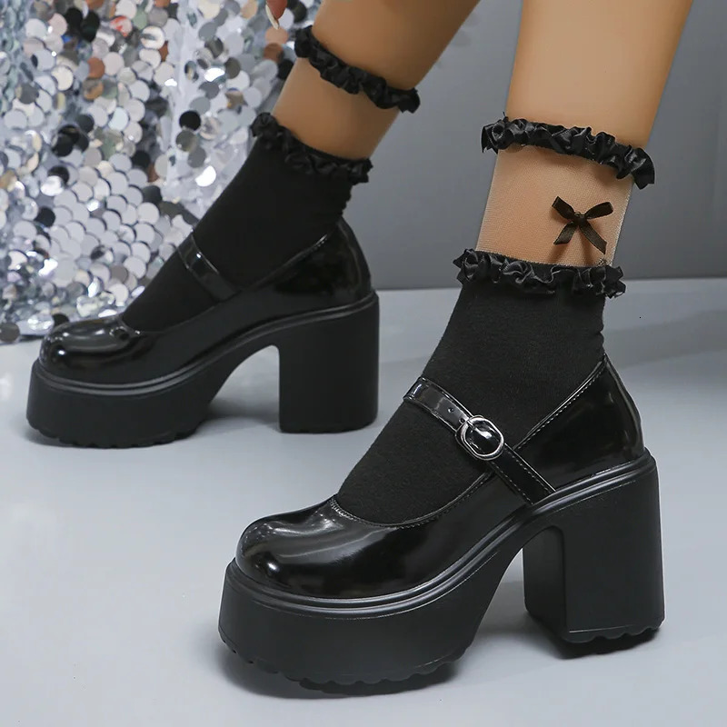 Vintage High Heels Mary Jane Shoes for Women Pu Leather Chunky Platform Pumps Woman Gothic Buckle Strap Lolita Shoes Size 42 241225