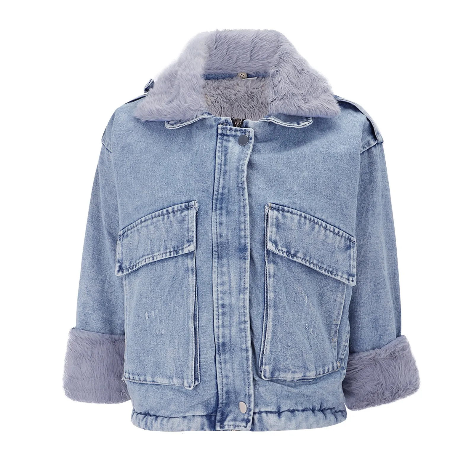 Winter Thicken Fleece Lining Denim Jacket With Fur Collar For WomenFashion Plush Warm Lambs Wool Blue Overcoat Lady Vintage 241220
