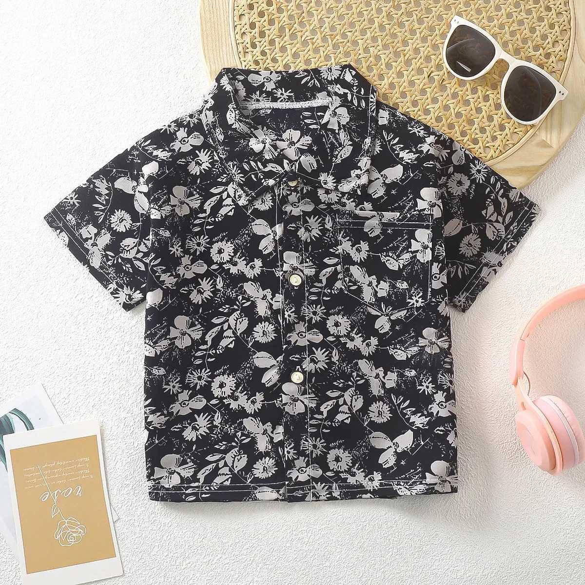 Childrens Shirt 3D Short Sleeve 2024 Summer Boys Girls lapel Top Baby Printed shirt Fashion Rose soft stretchXJ241225