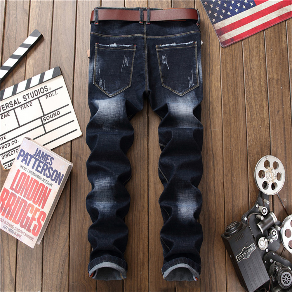 designer mens jeans slim fit straight tube with holes worn out Fashion Classic jeans Casual mix and match black pants