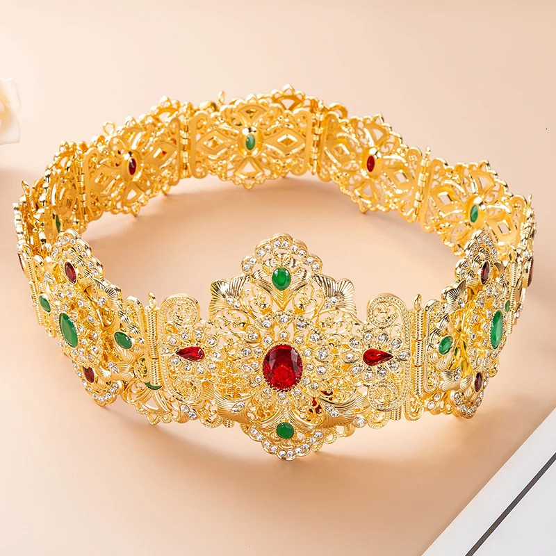 Gold Color Morocco Style Bridal Crystal Belts Hollow Flower Arad Wedding Derss Anniversary Caftan Waist Chain Body Jewel 241225