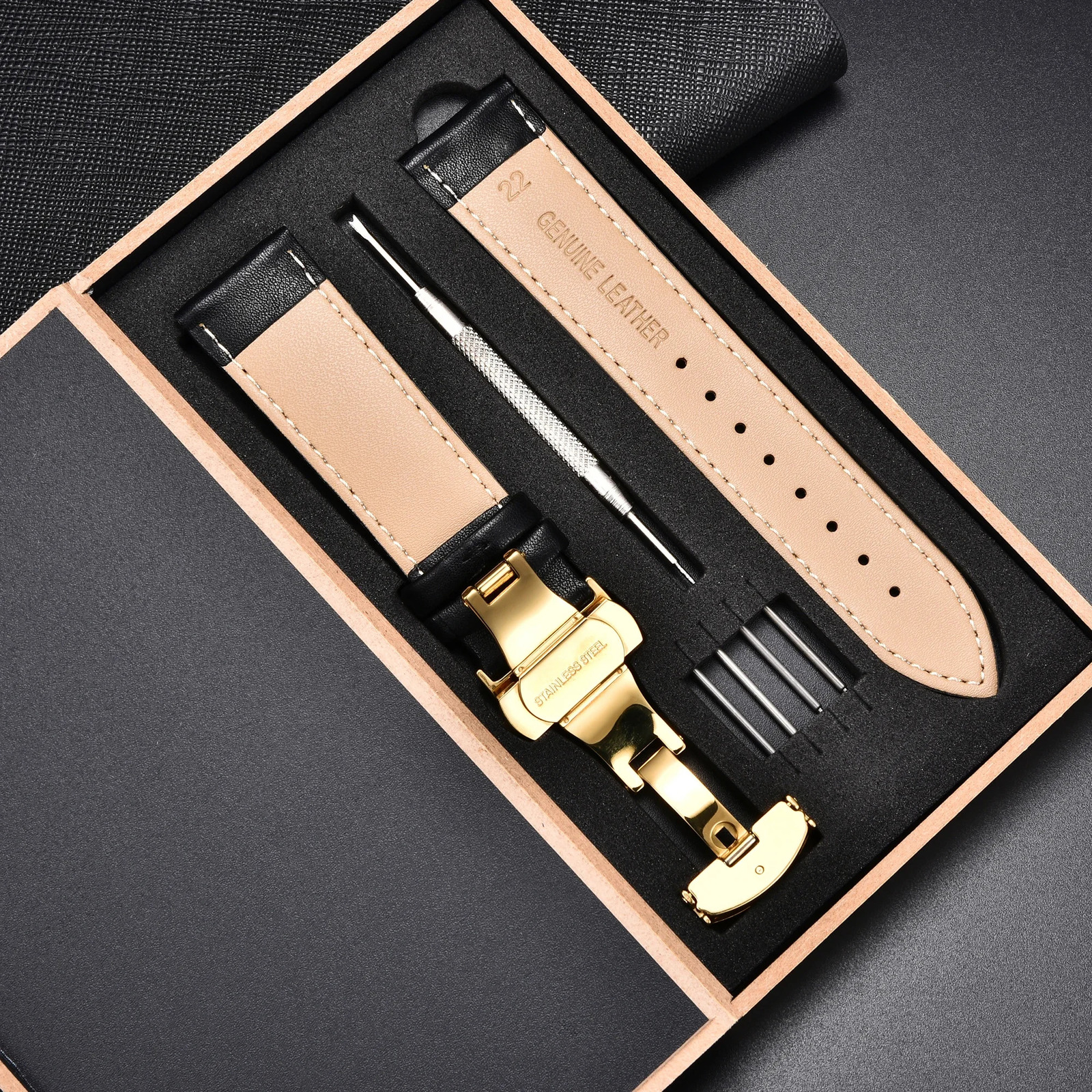 Calfskin Stainless Steel Automatic Buckle Watch Strap 18mm 20mm 22mm 24mm Mens and Womens Business Gift Box Packaging 241225