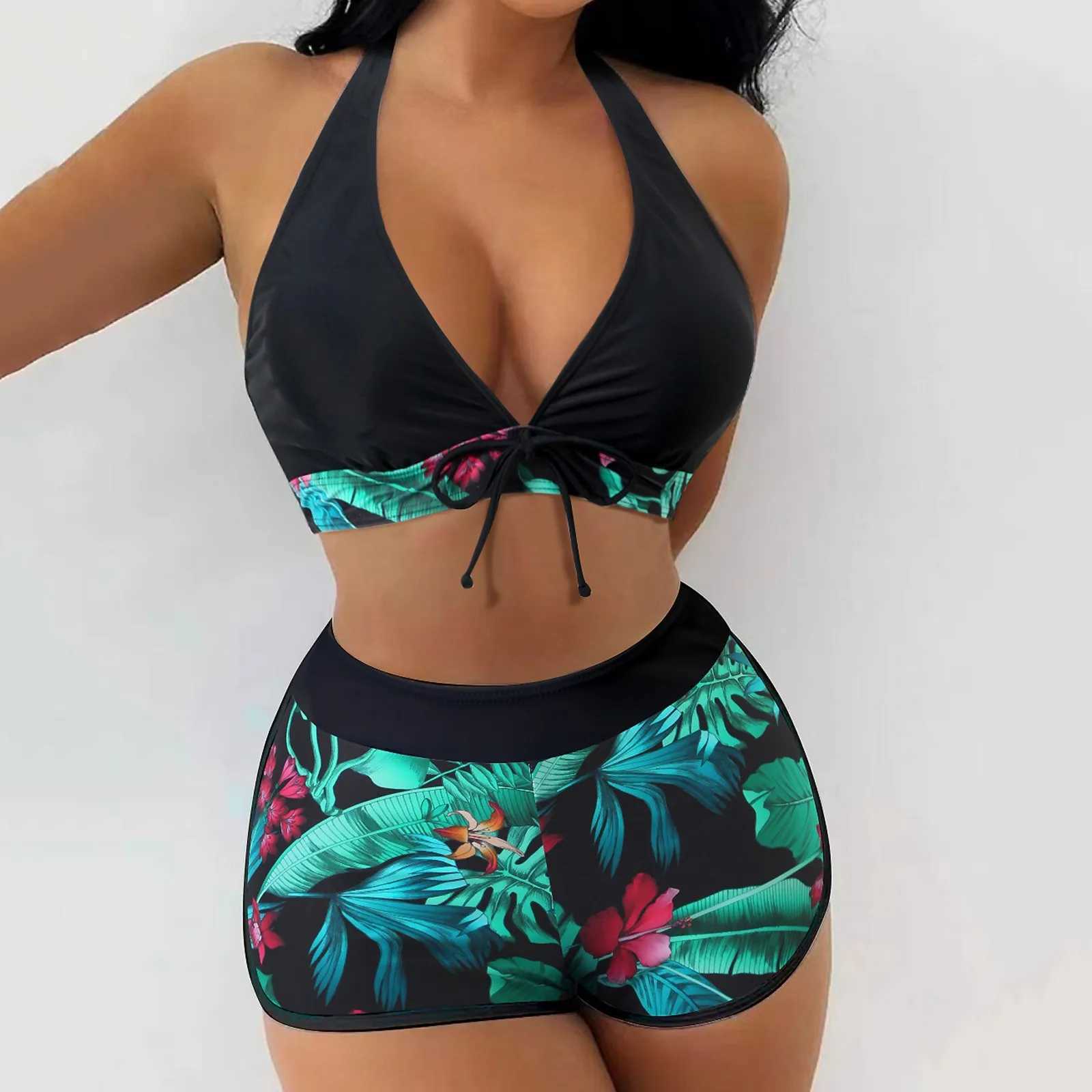 Teenage bikini set cheap womens swimsuit bikini tropical printed swimsuit womens swimsuit shorts two piecesW241225