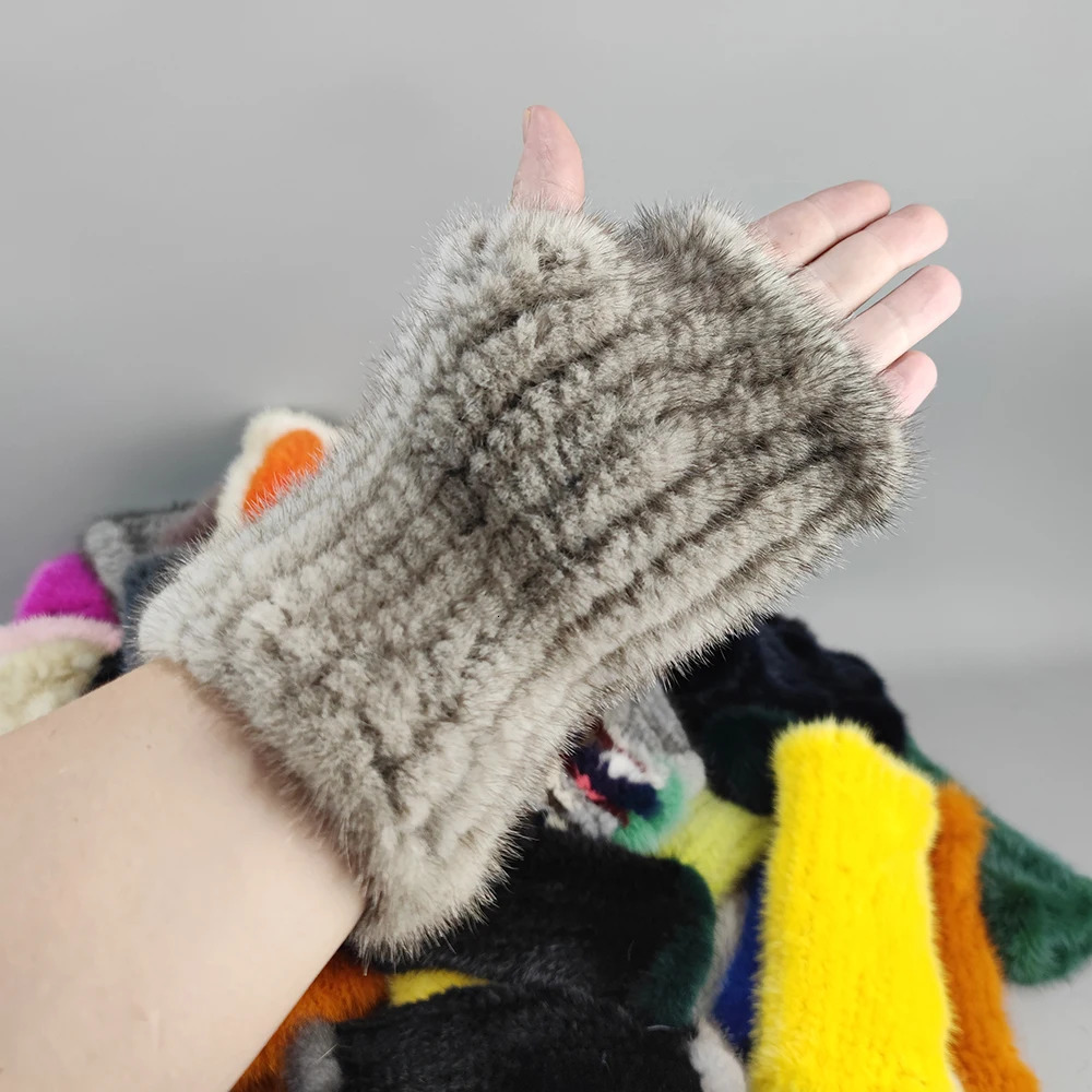 Lady Real Mink Fur Gloves Girls Real Knitted Mink Fur Fingerless Gloves Winter Strong Elasticity Real Mink Fur Mittens 241225