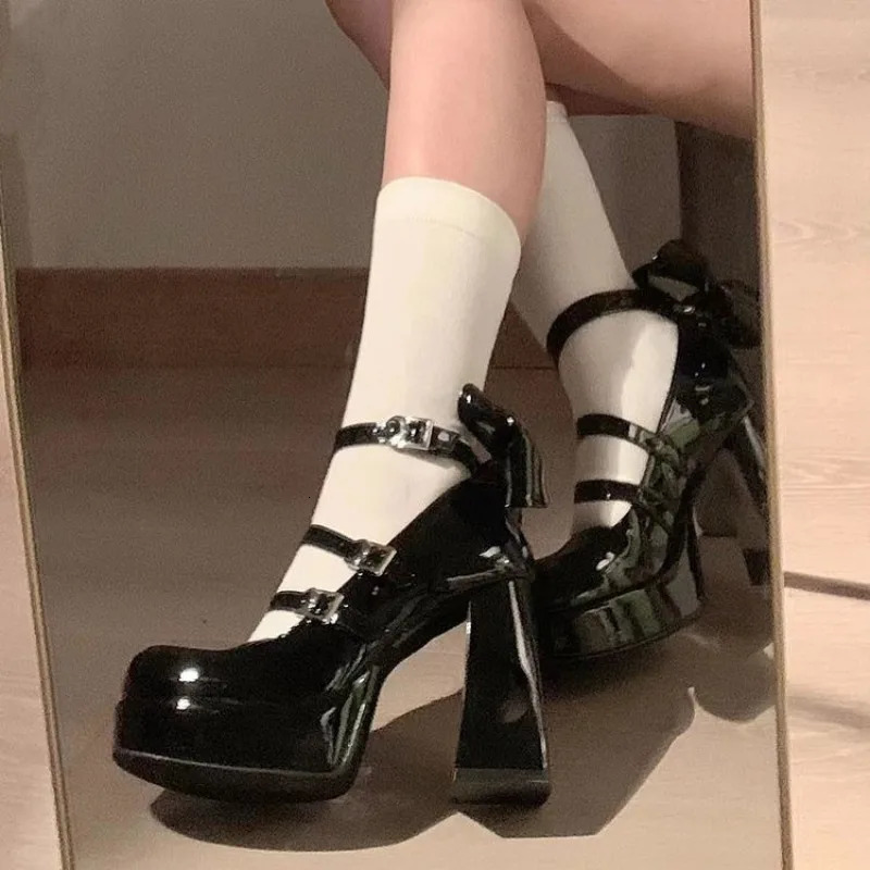 Spring Punk Thick Heel Mary Jane Lolita Shoes Woman Patent Leather Cosplay Shoes Y2k Chunky Platform High Heels Pumps 241225
