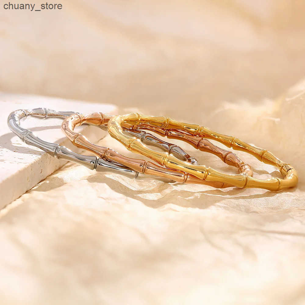 Chain Stylish Skeleton Bangle Gold-Plated Bamboo Bead Enamel Color s for Women Stainless Steel Punk Style Jewelry Party Gift L240910