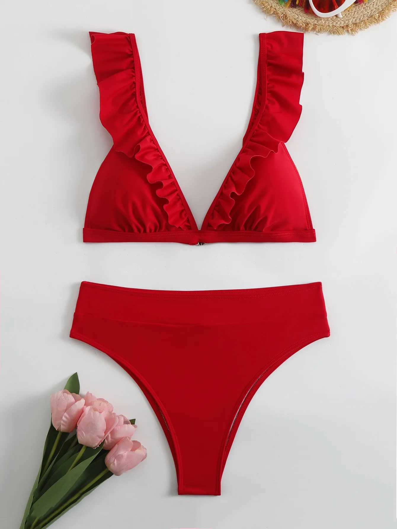 Sexy Ruffle V Bra Push Up Bikini Set 2024 Womens Red Ruffle High Waist Swimsuit Summer Swimsuit 2-Piece Swimsuit Beach WearW241225