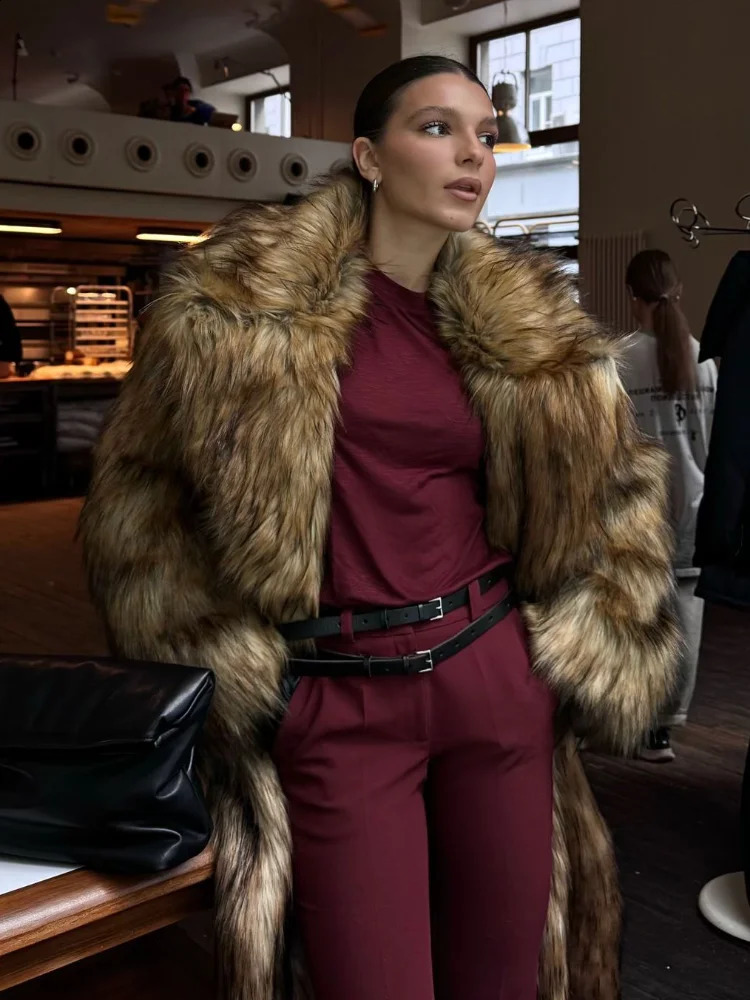 Fashion Solid Lapel Long Faux Fur Overcoat For Women Casual Thicken Warm Fluffy Plush Jackets Lady Winter Outerwear 2024 241223