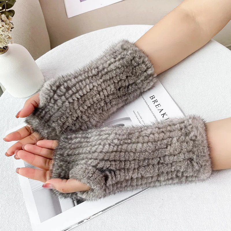Top Quality Womens 100% Winter Warm Real Mink Fur Knitted Half Finger Gloves Girls Typing Mittens 241225