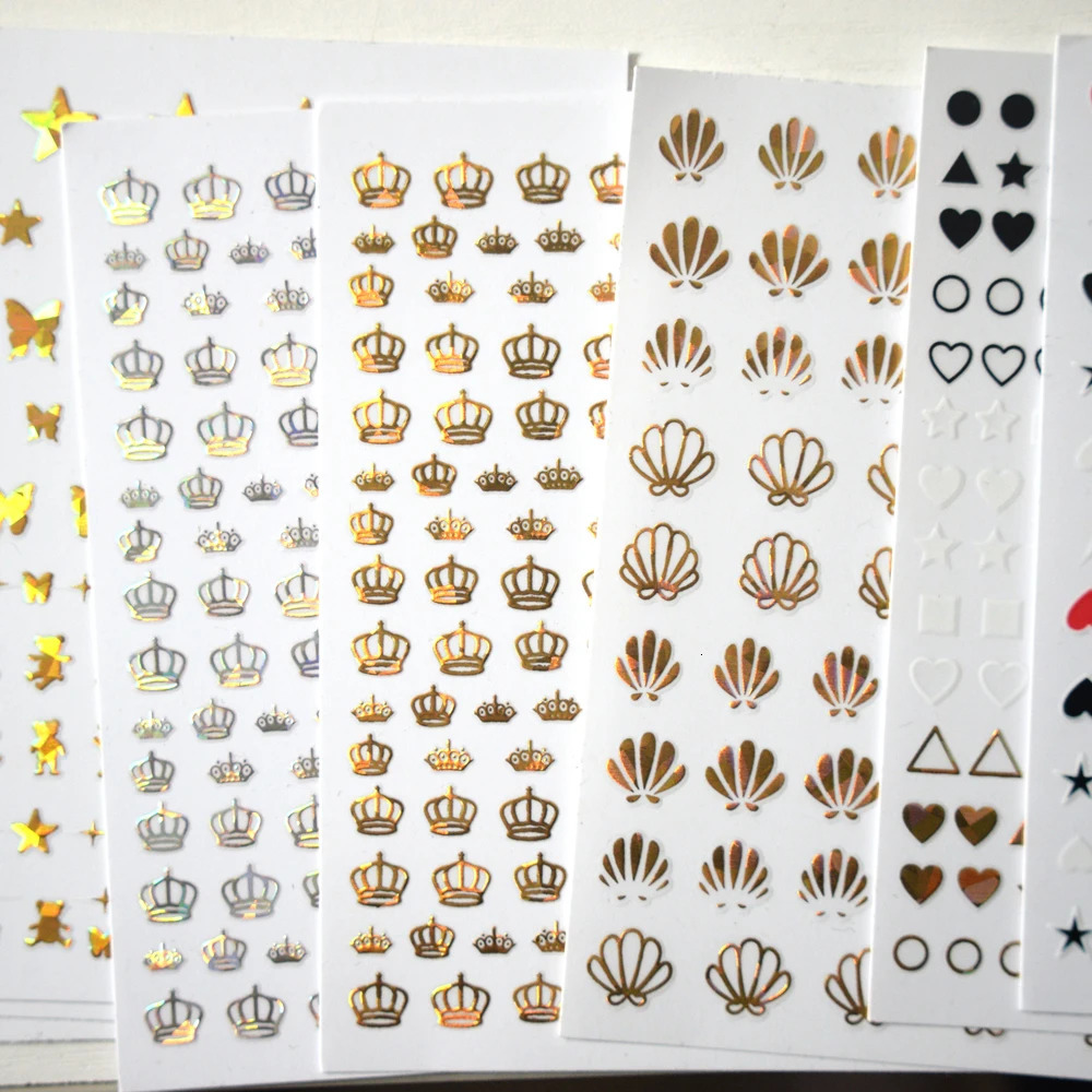 10PCS Black and White Love Laser Gold and Silver Crown Nail Art Sticker Geometry Nail Slider Sticker Decal 241225