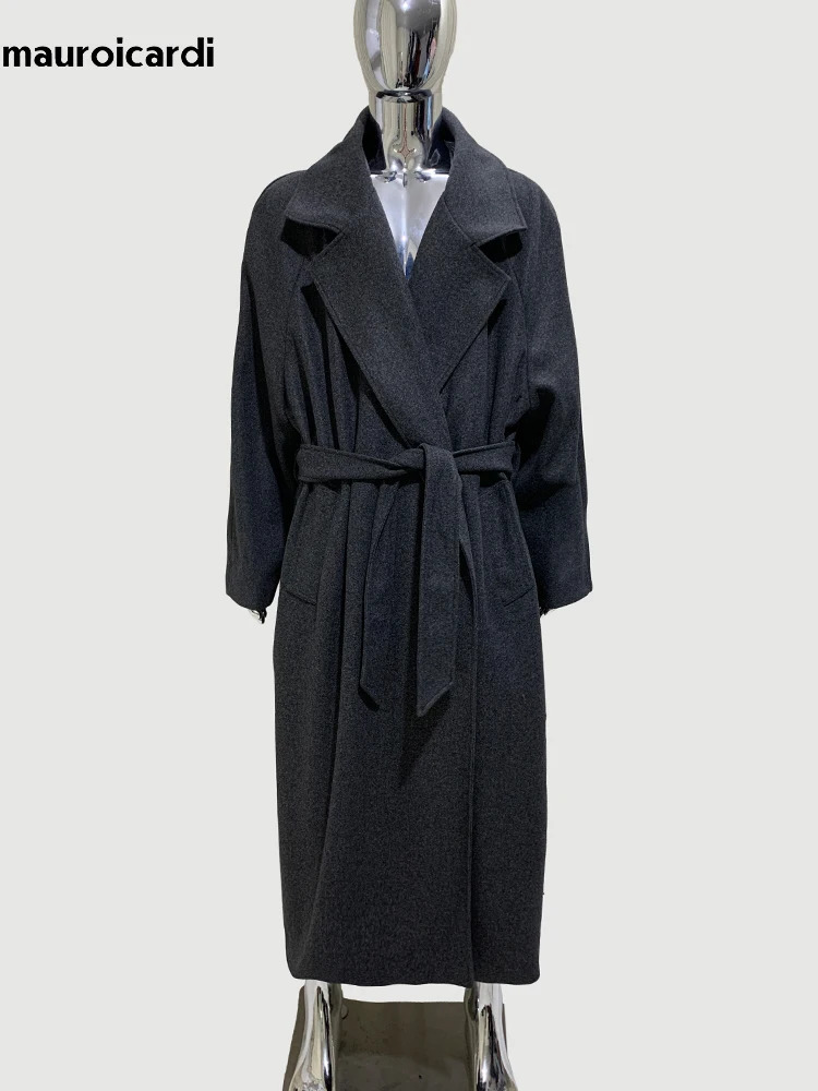 Mauroicardi Spring Winter Oversized Long Warm Grey Wool Blends Coat Men Sashes Elegant Chic Woolen Overcoat 2025 241225