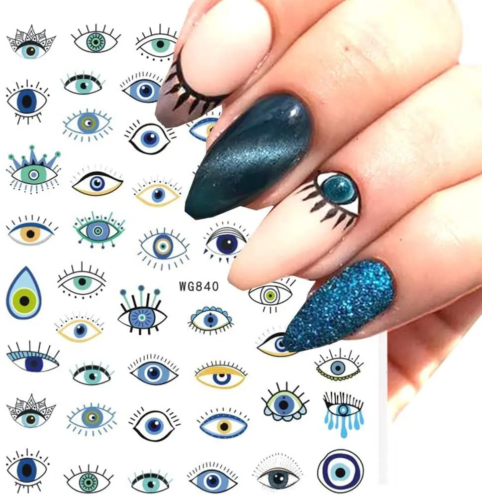 Evil Eyes Nail Art Stickers Decals 7 Sheets 3D Self Adhesive Turkish Blue Eye Khamsah Hand of Fatima Cartoon n Manicure 241225