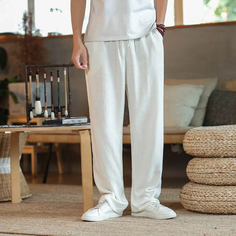 Chinese style linen mens loose cotton linen straight leg pants mens linen casual pants 241219