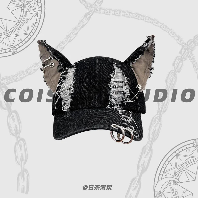 er Devil Ears Denim Baseball Caps Women Summer Autumn Personality Versatile Retro Ripped Style Hip Hop Mens Hats 241225