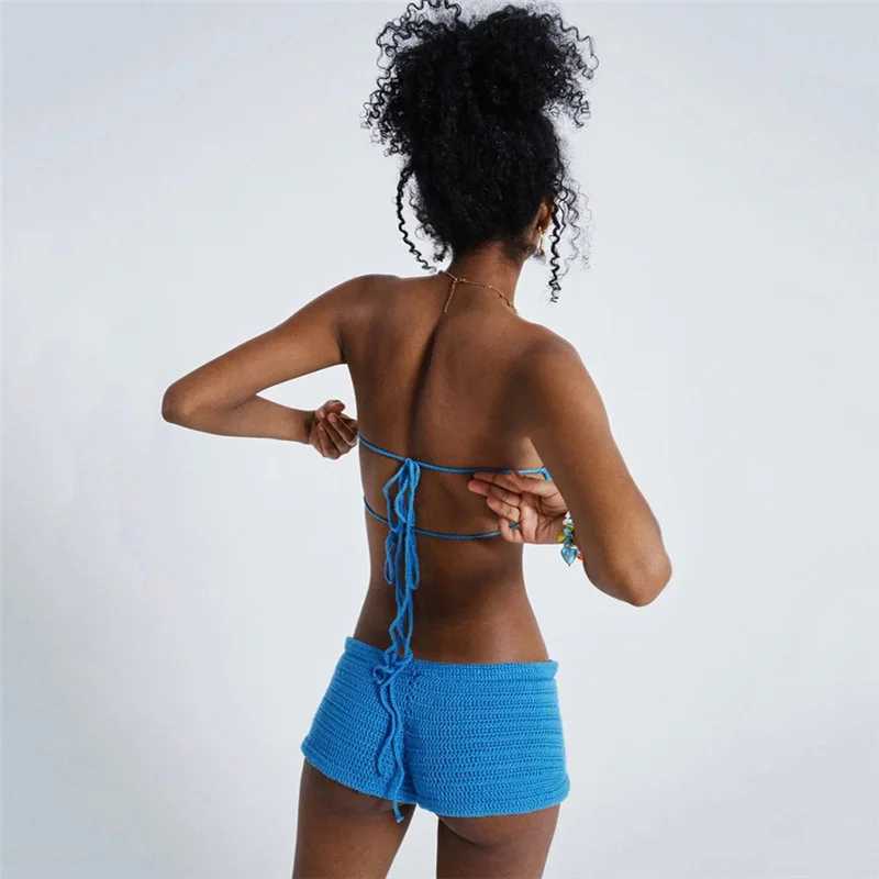 Sexy Knitted Crochet 2-piece Flower Strap Bra Crop Top 2-piece Set Beach Style Bikini Summer Womens SwimsuitW241225