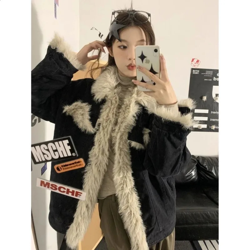 American Retro Fur Collar Black Cardigan Denim Jacket Women Autumn Winter Plush Thickened Fashion Street Casual 241223