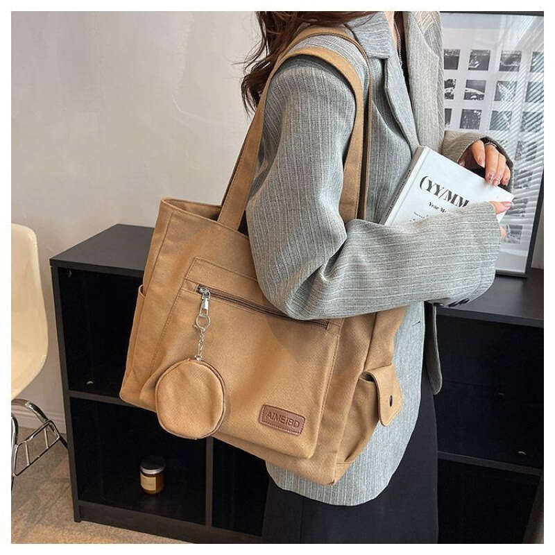 Female college student canvas hand-held tote versatile large capacity shoulder commuting class bag, backpack strap, HH
