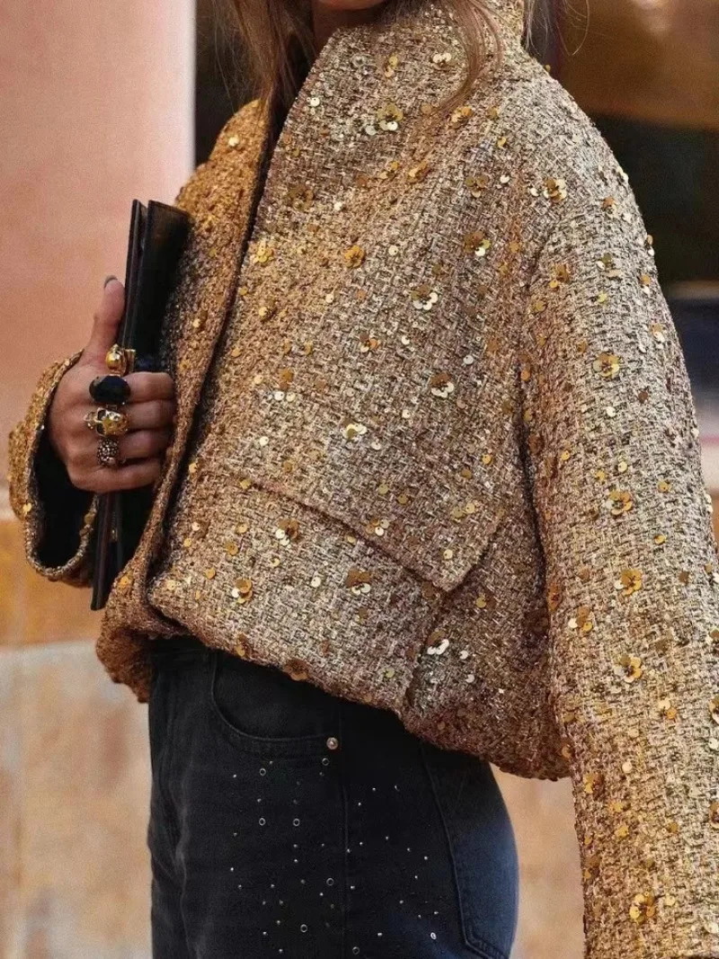 Womens Sequined Bomber Jacket Fall Round Neck Long Sleeve Pocket Stretch Hem Sequins Jacket Coat Female Chic Outerwear 241223