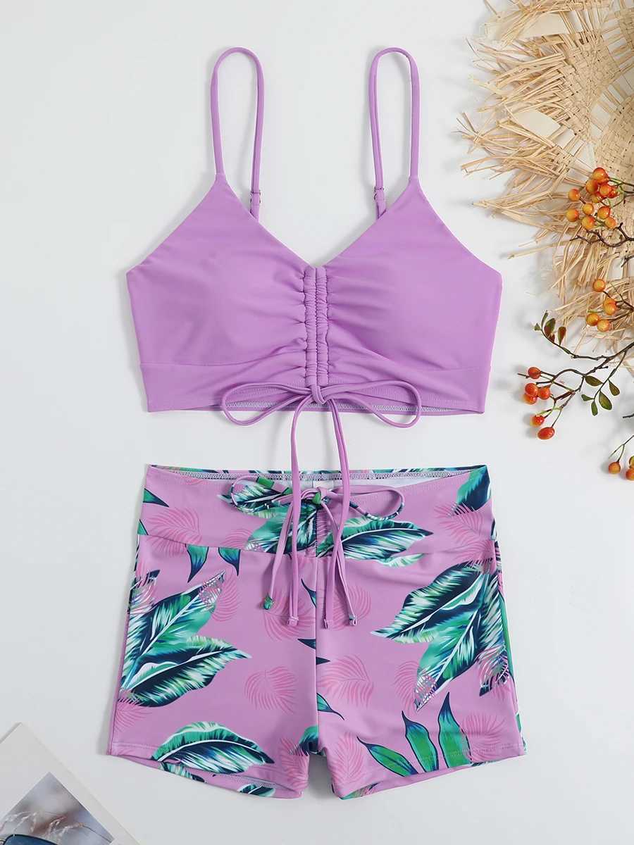 Tropical Print Drawstring Bikini 2024 Women High Waist Swimsuit Tie Front Shorts Swimwear Female Bathing Suit Swimming SummerW250214