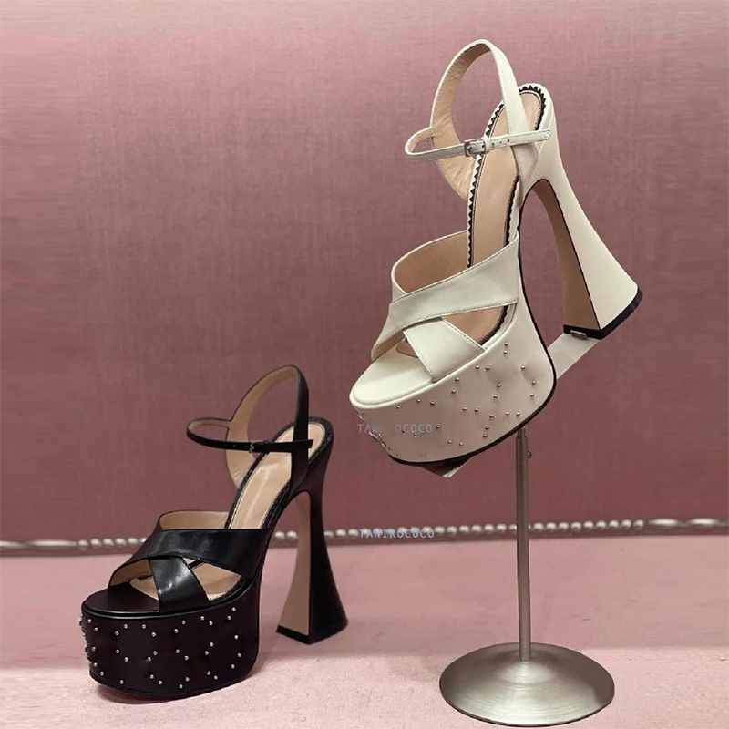 Designer letter Stud-detailed platform sandals chunky high heels Ankle strap open toe heeled block heel sandal luxury designer shoes for women factory footwear