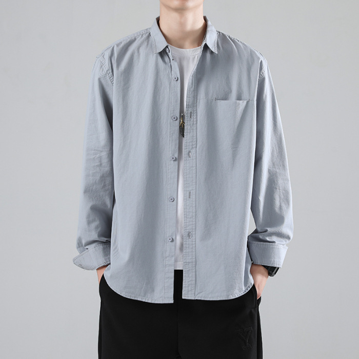 M12242 2024 Pure Cotton Simple Style Shirt Men's Solid Color Long Sleeve Top Jacket