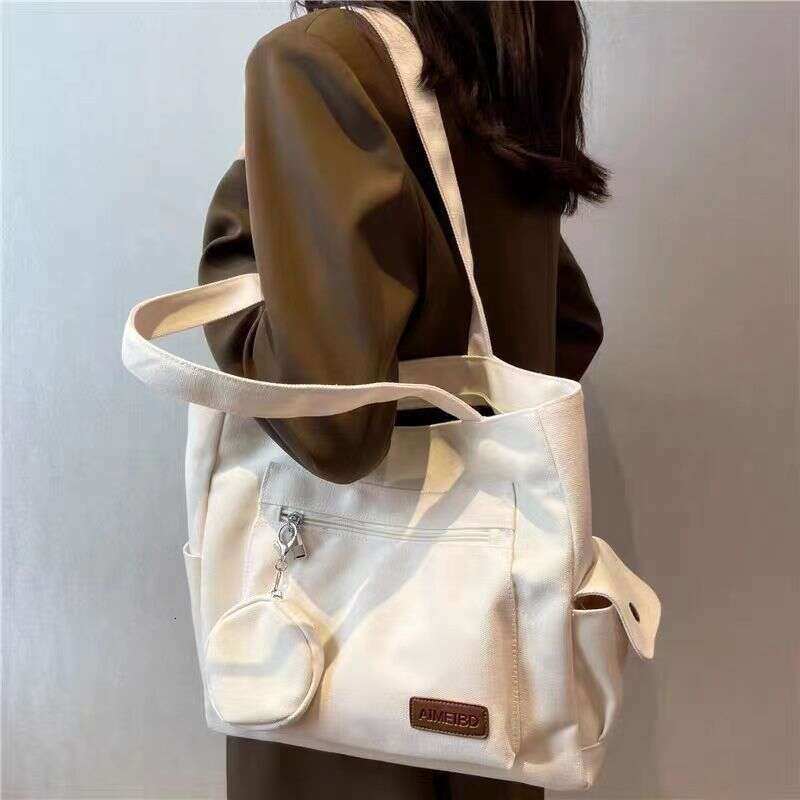 Female college student canvas hand-held tote versatile large capacity shoulder commuting class bag, backpack strap, HH